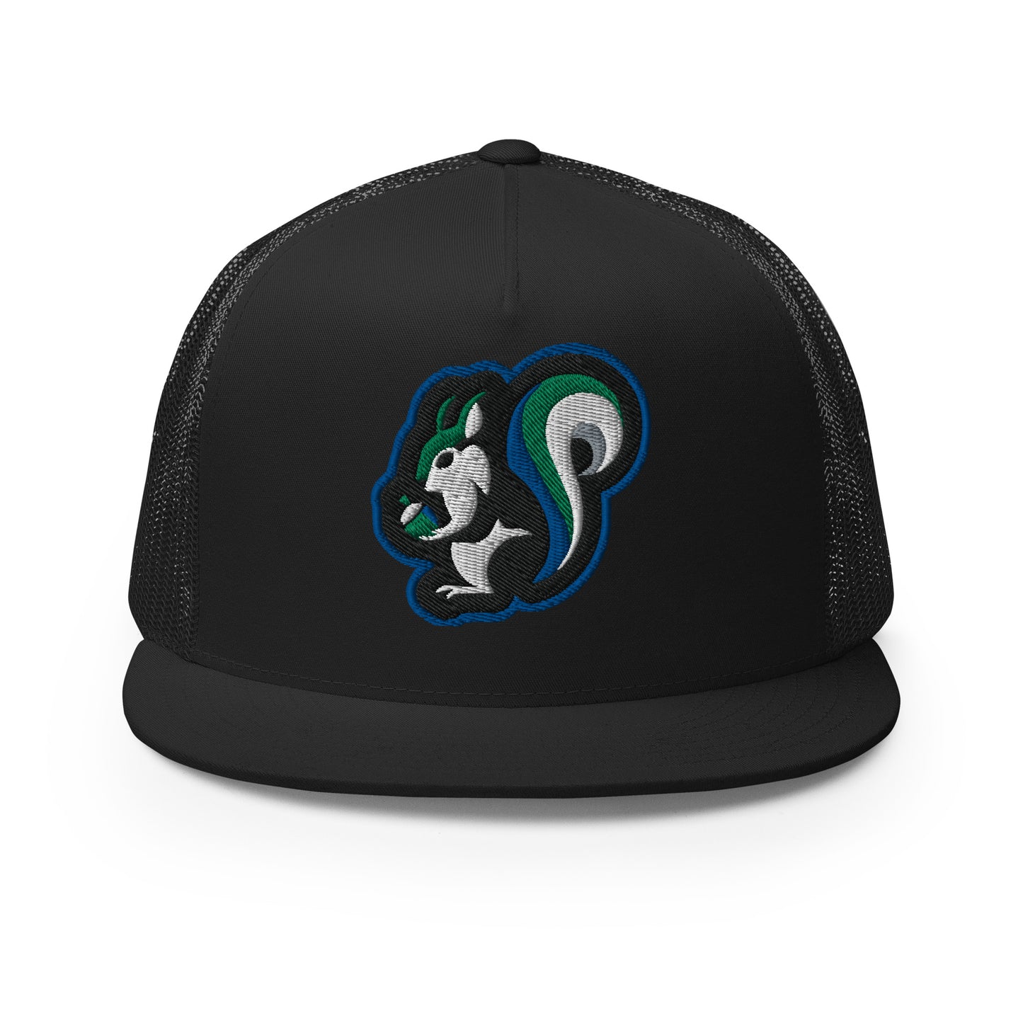 Raleigh Squirrel Trucker Cap in Blue, Black, Green, Gray, and White