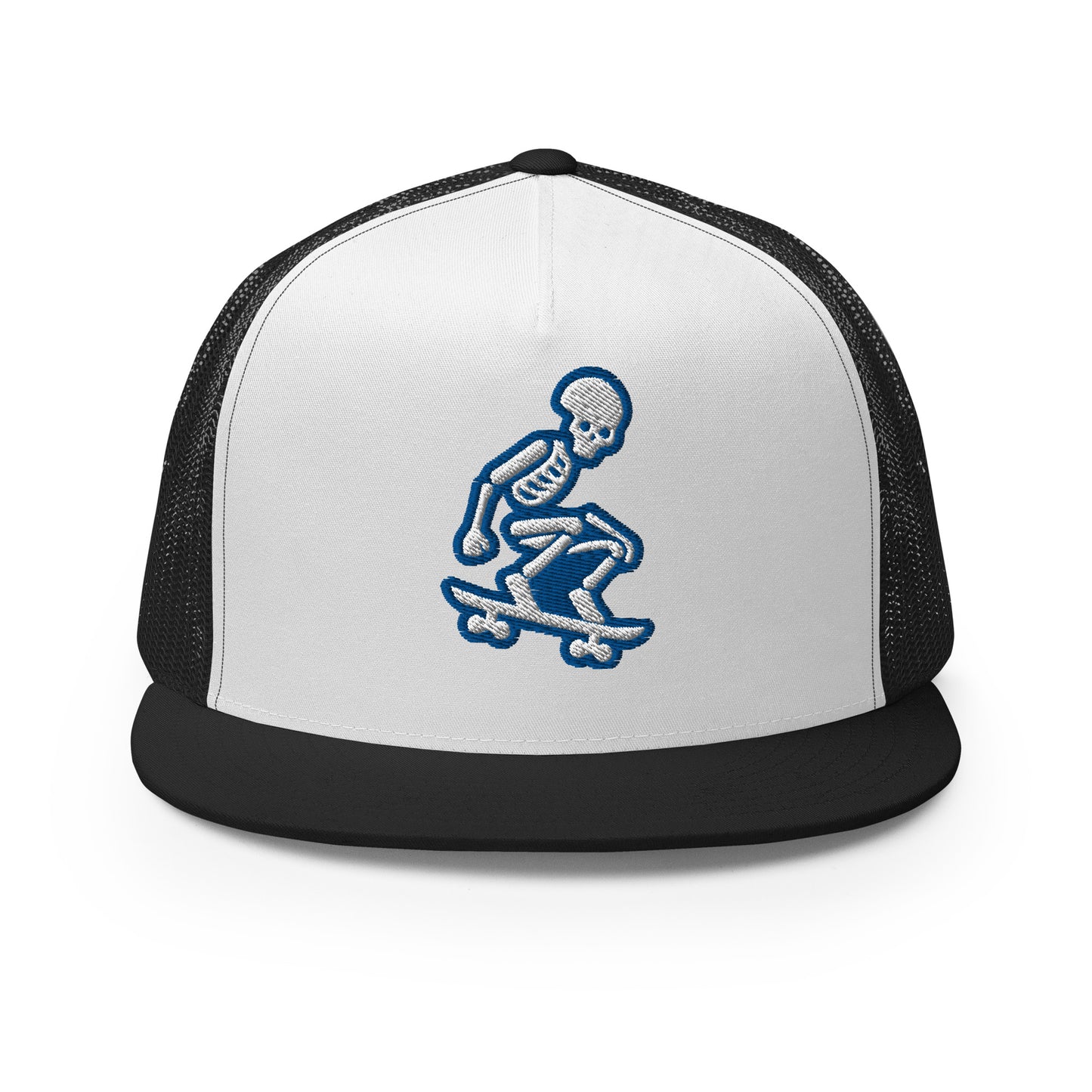 Skeleton Skater Trucker Cap in Royal Blue and White