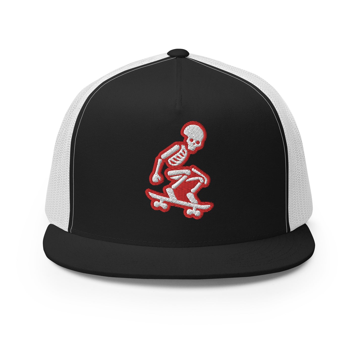 Skeleton Skater Trucker Cap in Red and White