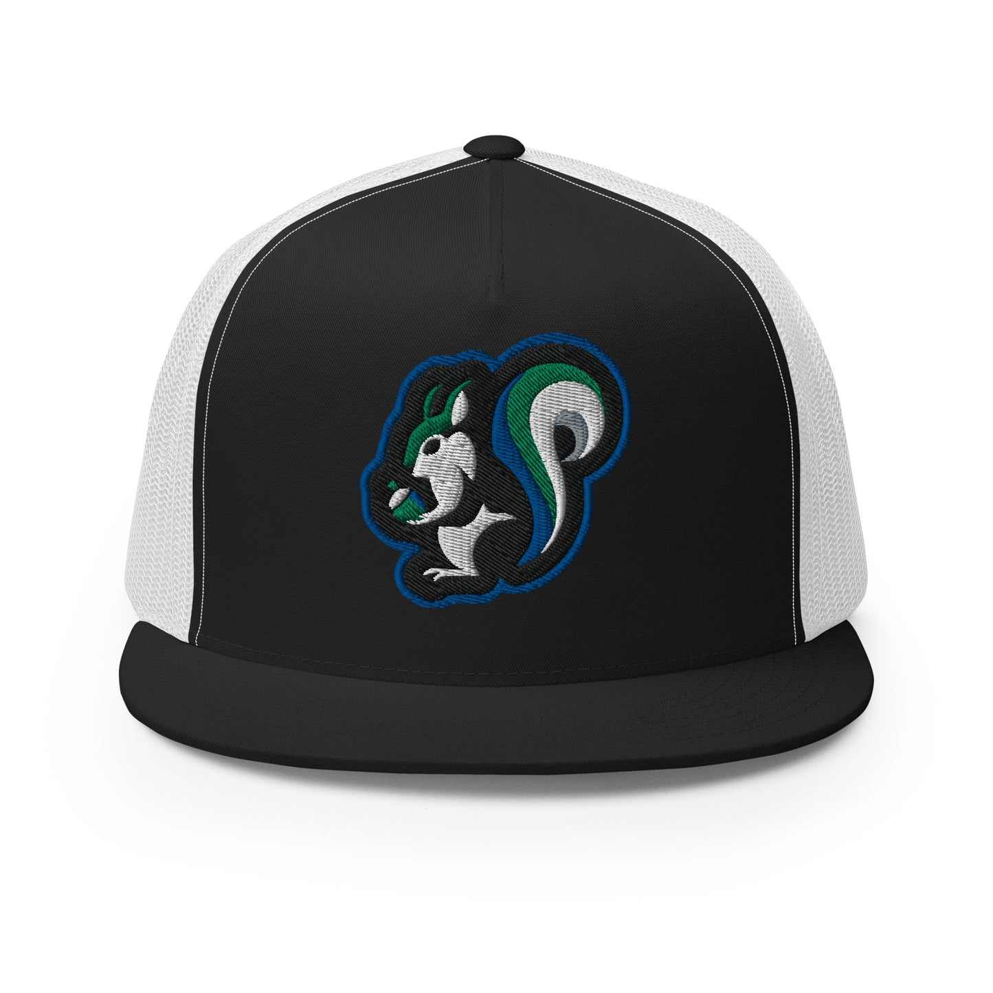 Raleigh Squirrel Trucker Cap in Blue, Black, Green, Gray, and White
