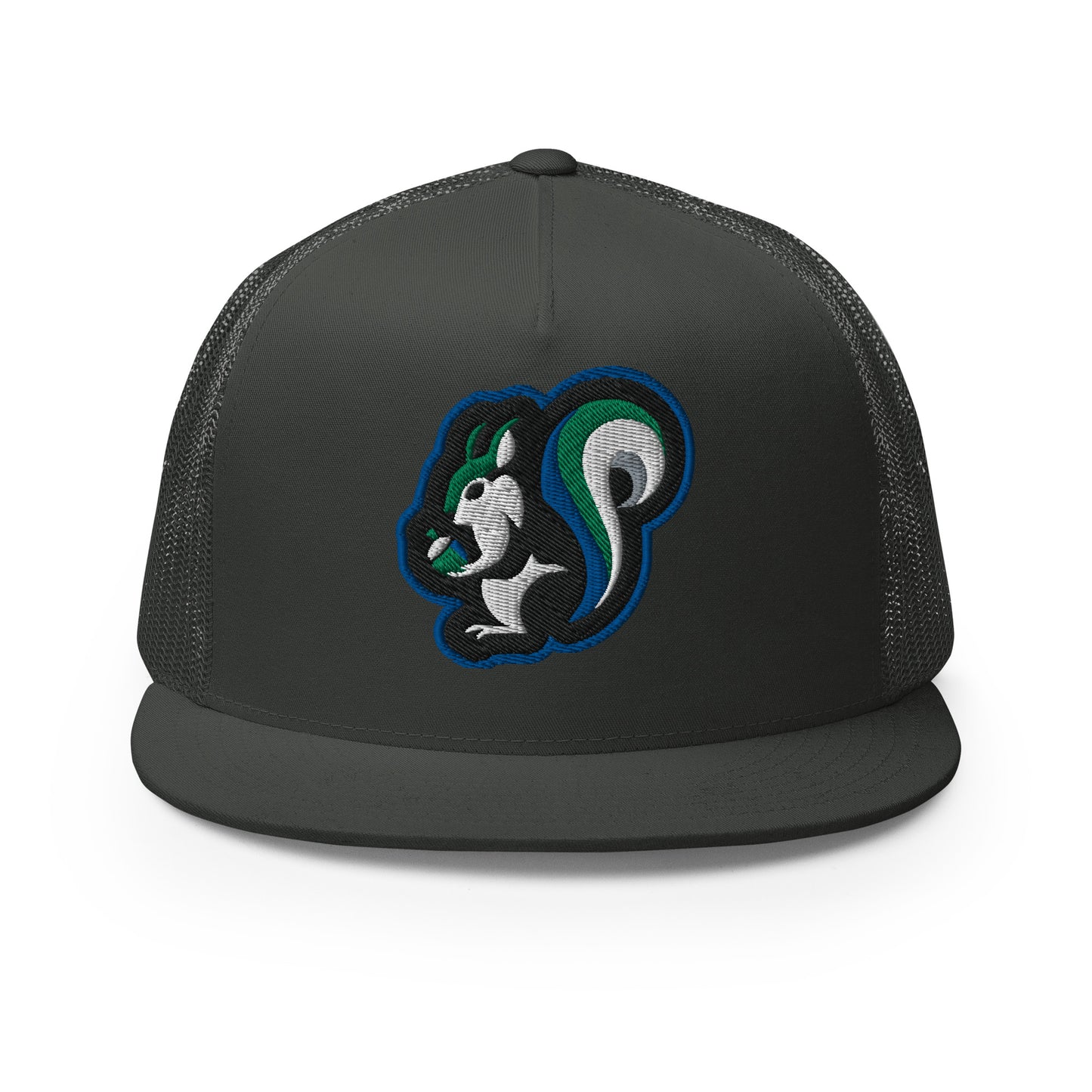 Raleigh Squirrel Trucker Cap in Blue, Black, Green, Gray, and White