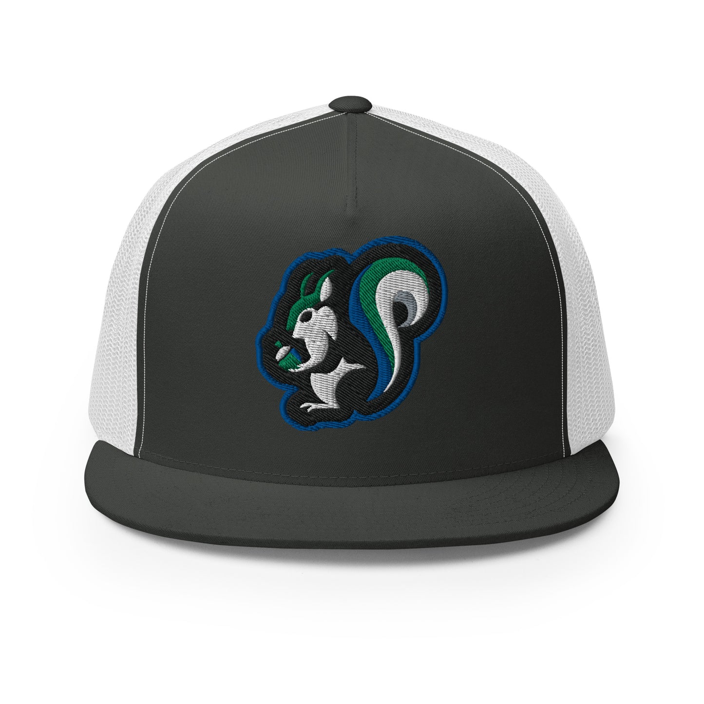 Raleigh Squirrel Trucker Cap in Blue, Black, Green, Gray, and White
