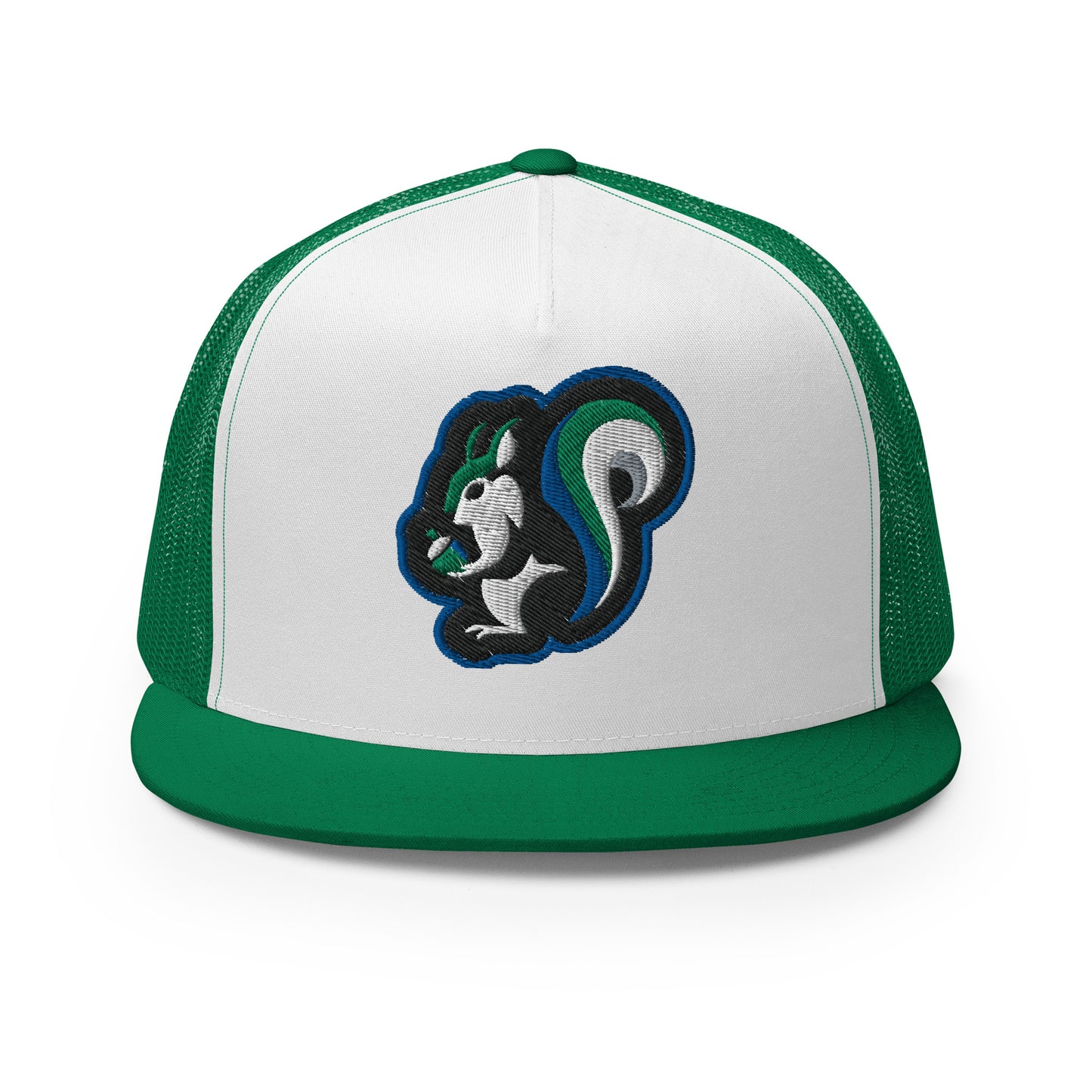 Raleigh Squirrel Trucker Cap in Blue, Black, Green, Gray, and White