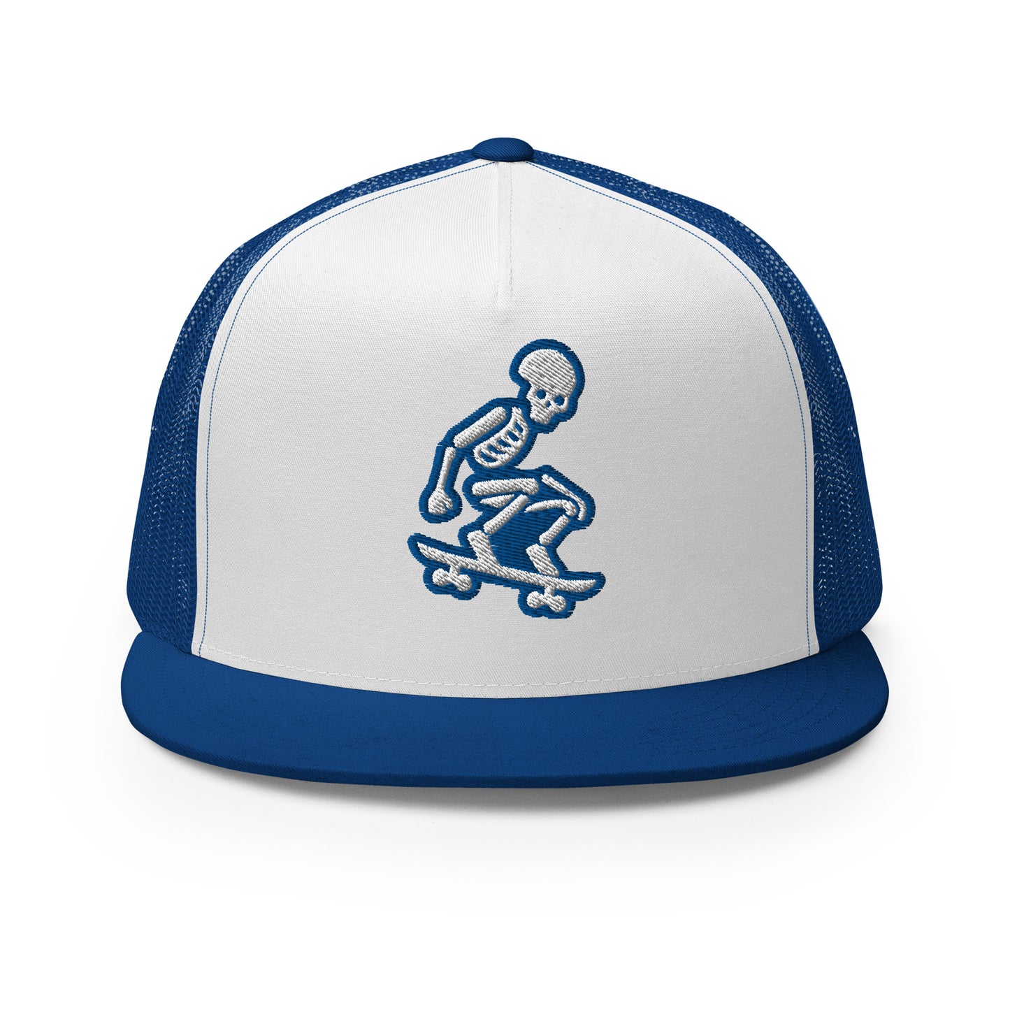 Skeleton Skater Trucker Cap in Royal Blue and White