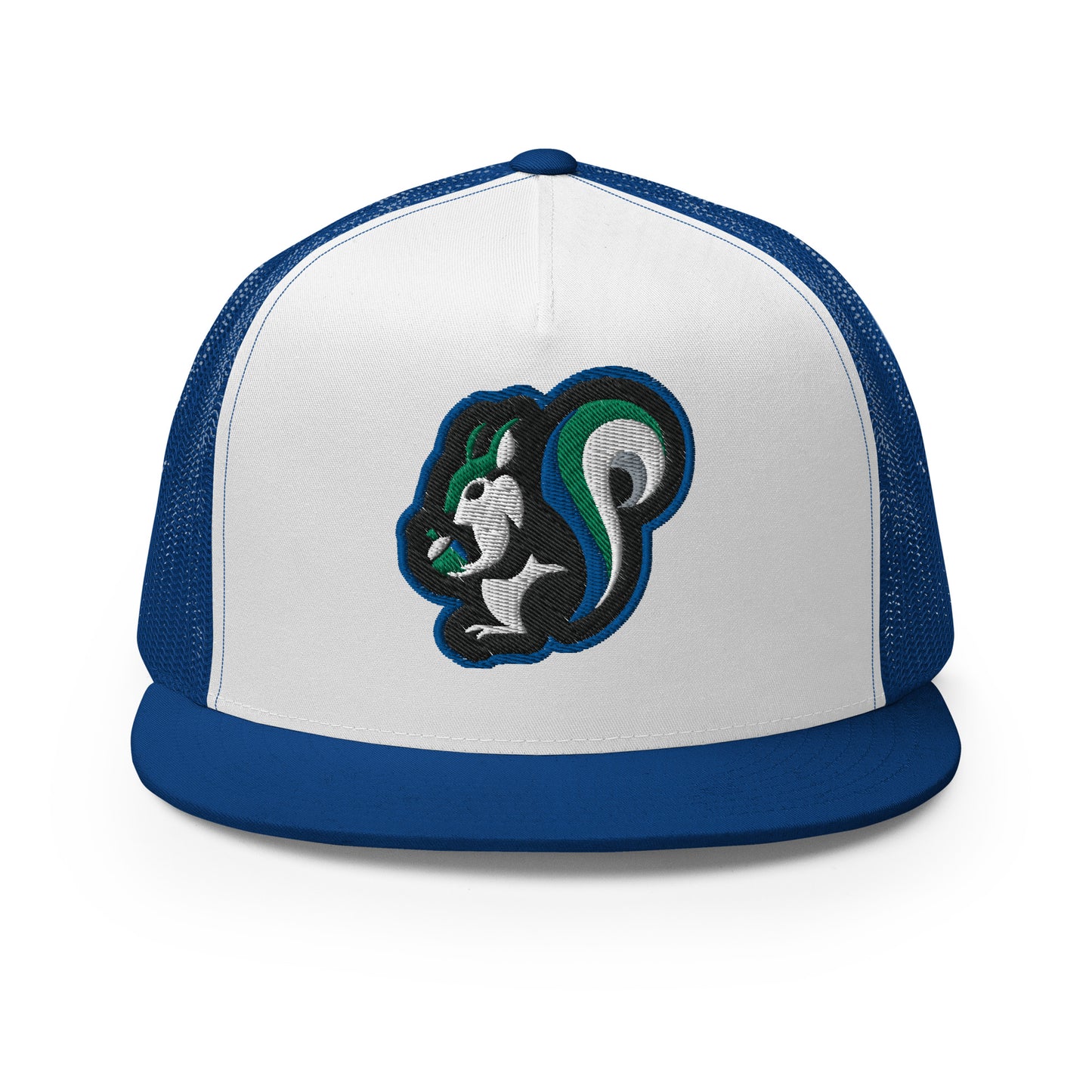 Raleigh Squirrel Trucker Cap in Blue, Black, Green, Gray, and White