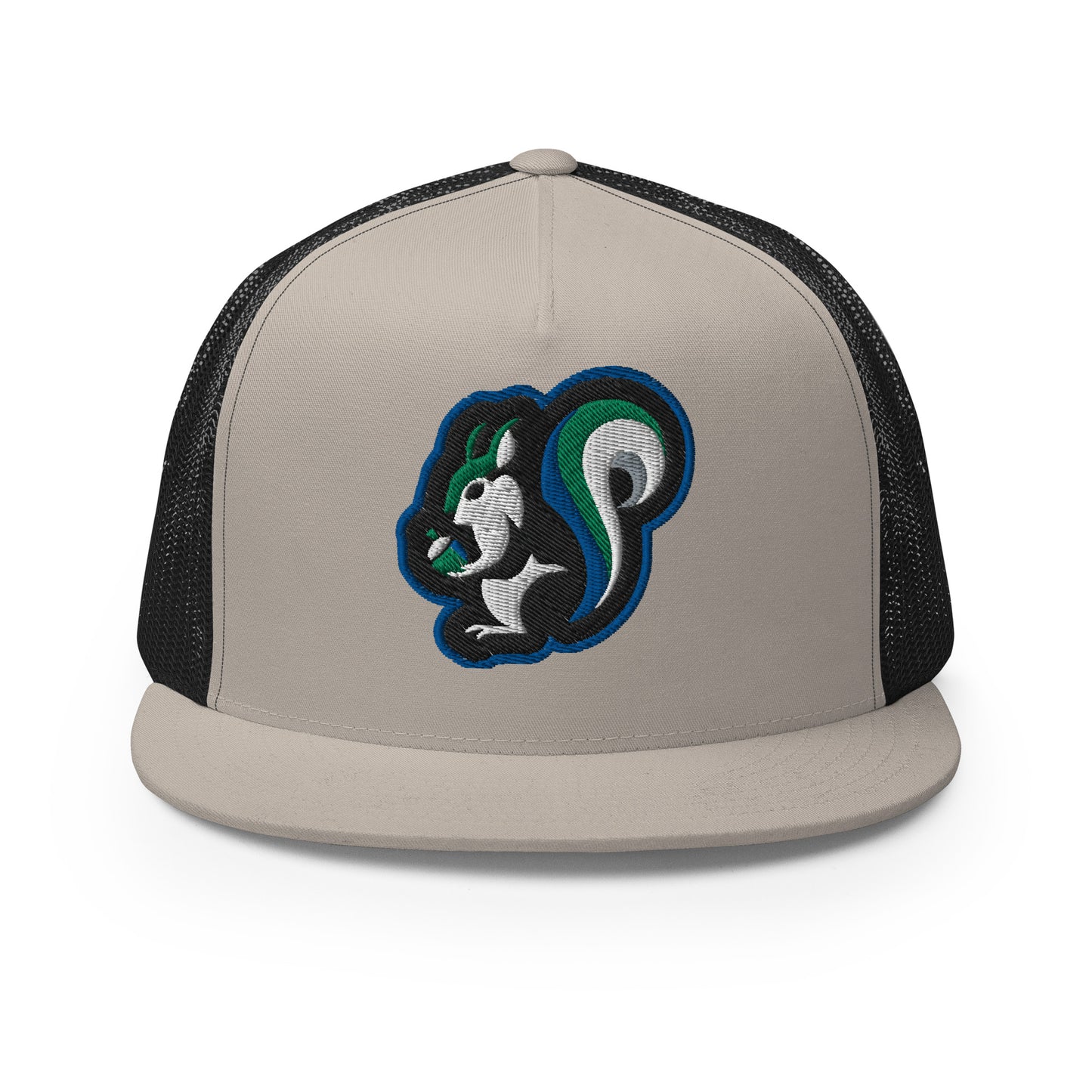 Raleigh Squirrel Trucker Cap in Blue, Black, Green, Gray, and White