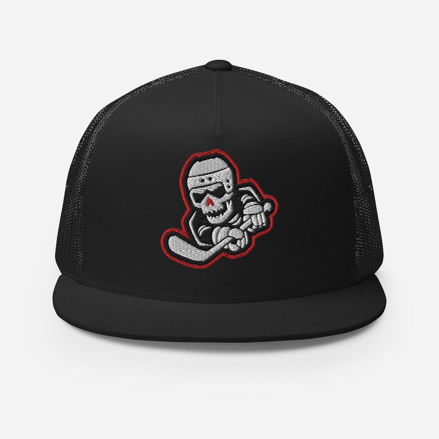 Skeleton Striker Trucker Cap in Red, Black, and White