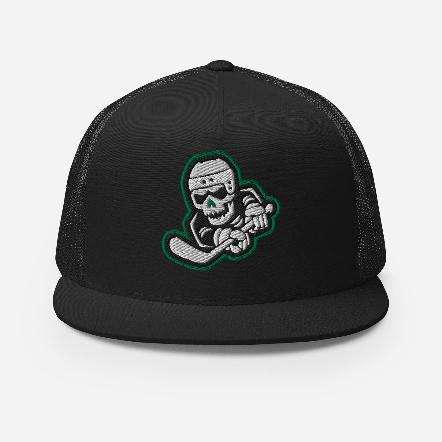 Skeleton Striker Trucker Cap in Kelly Green, Black, and White