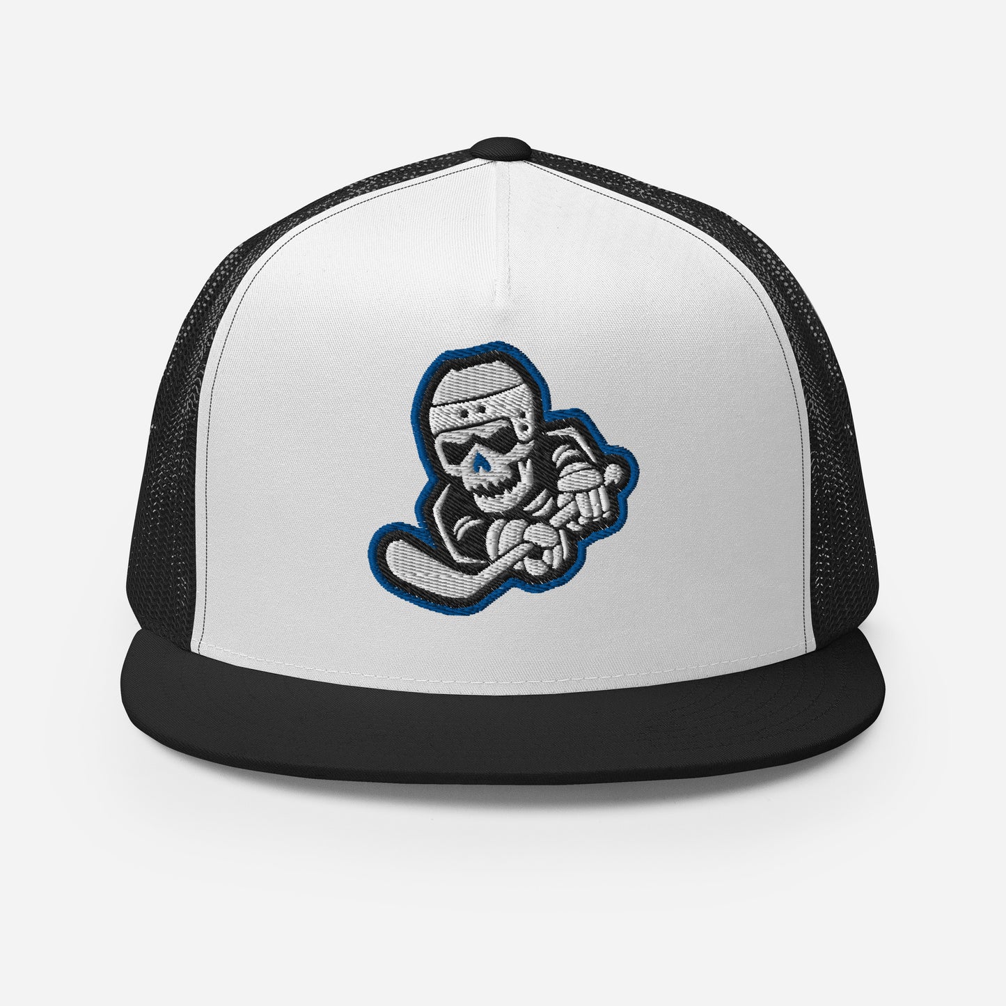 Skeleton Striker Trucker Cap in Royal Blue, Black, and White