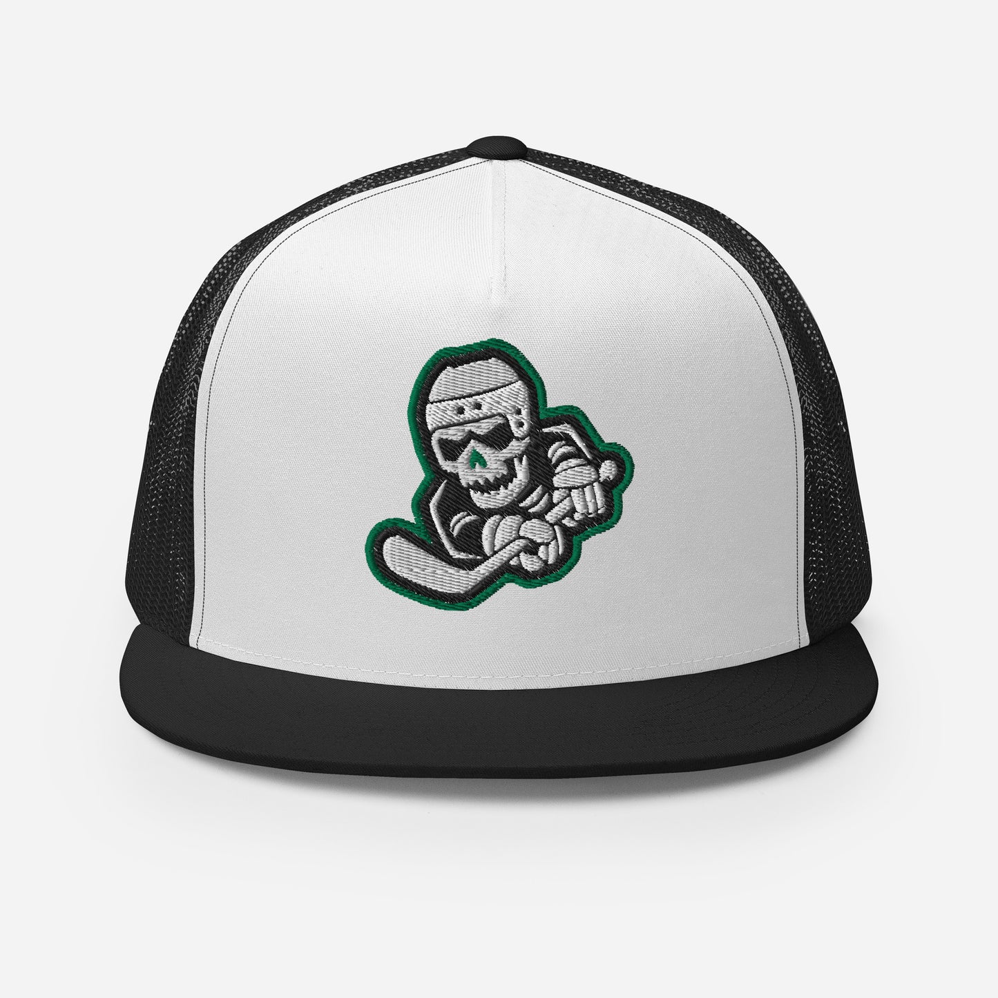 Skeleton Striker Trucker Cap in Kelly Green, Black, and White