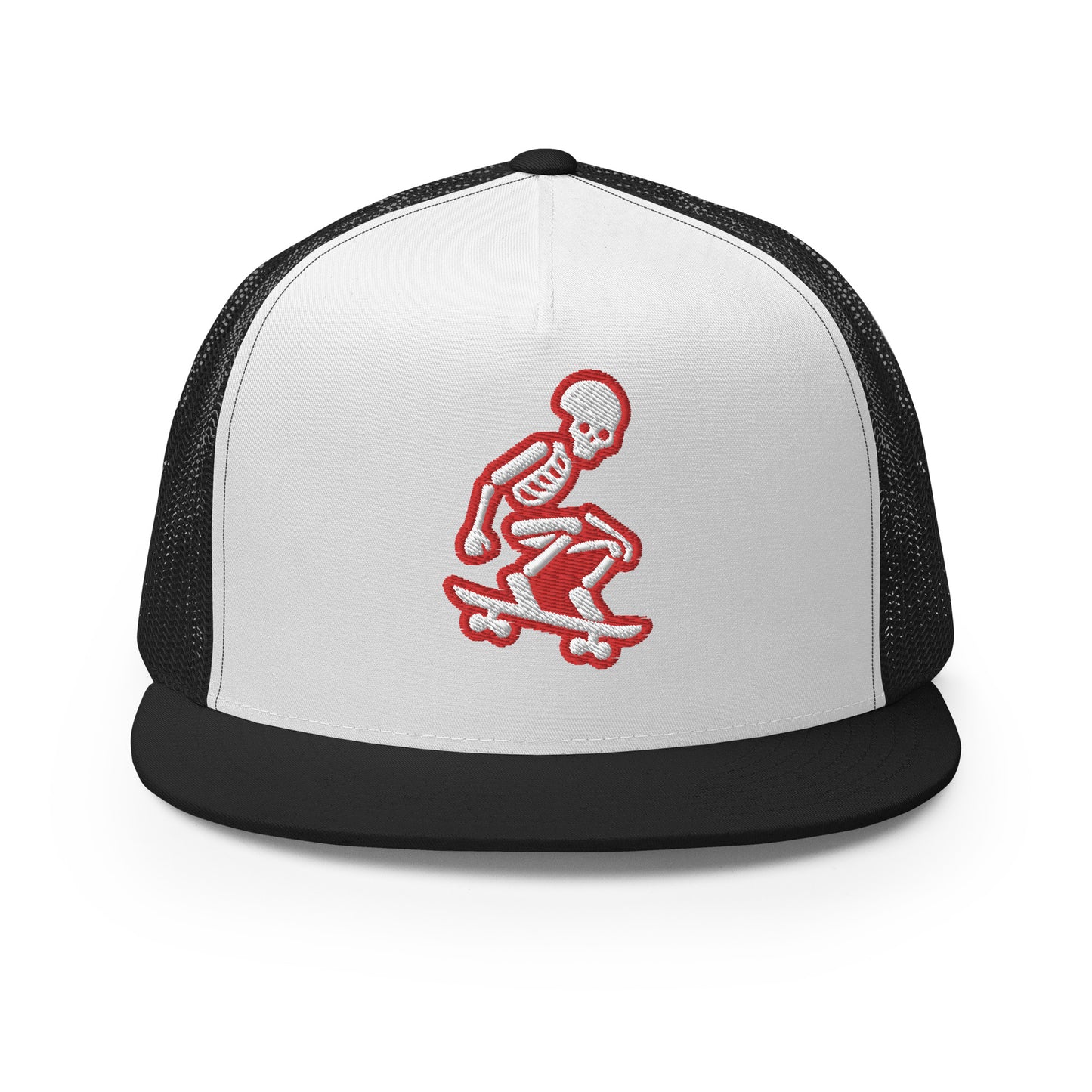 Skeleton Skater Trucker Cap in Red and White