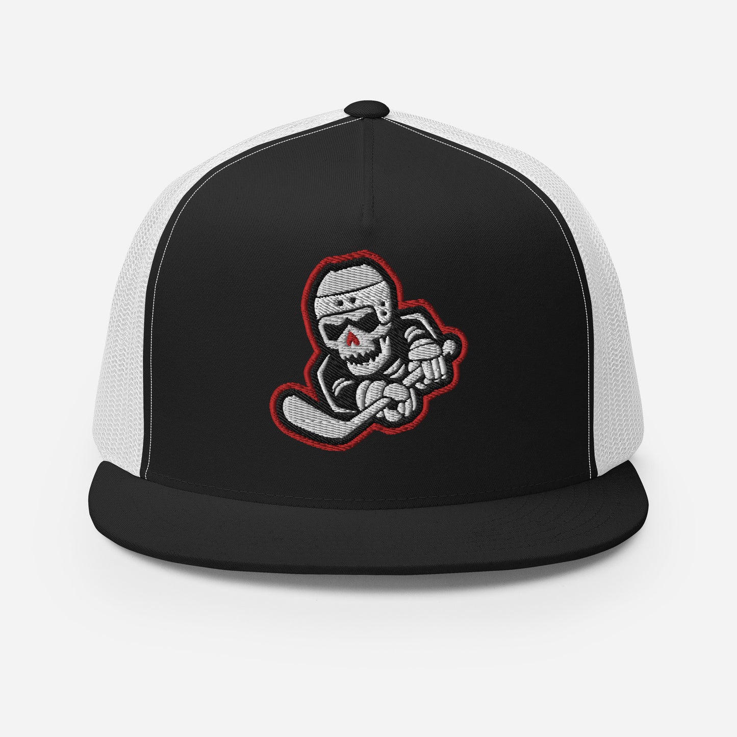 Skeleton Striker Trucker Cap in Red, Black, and White