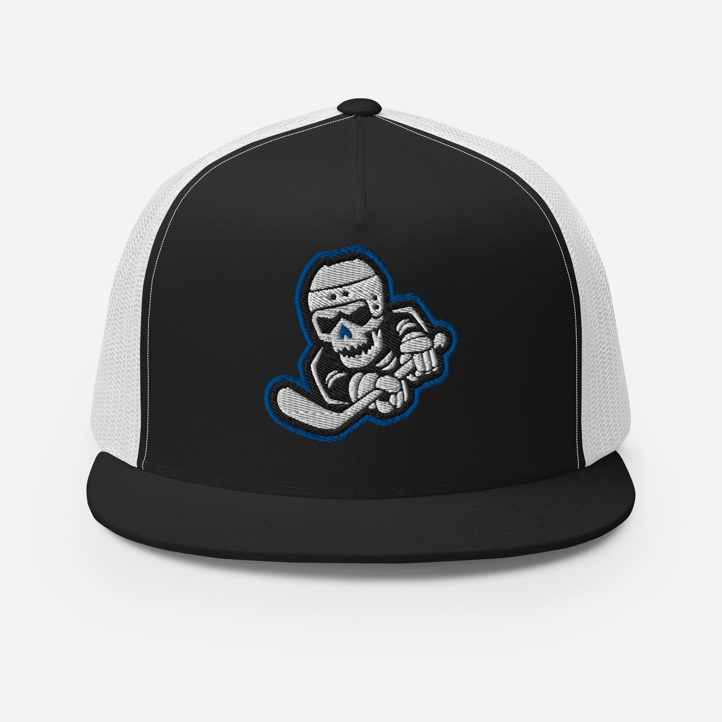 Skeleton Striker Trucker Cap in Royal Blue, Black, and White