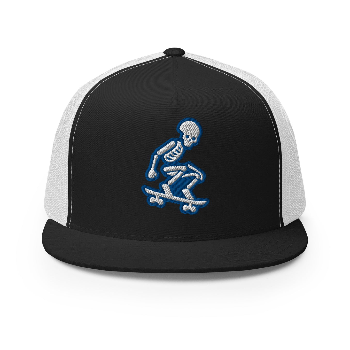 Skeleton Skater Trucker Cap in Royal Blue and White