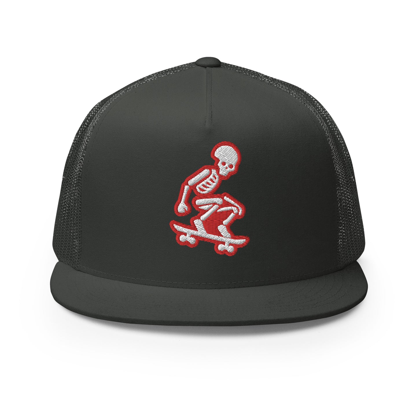 Skeleton Skater Trucker Cap in Red and White