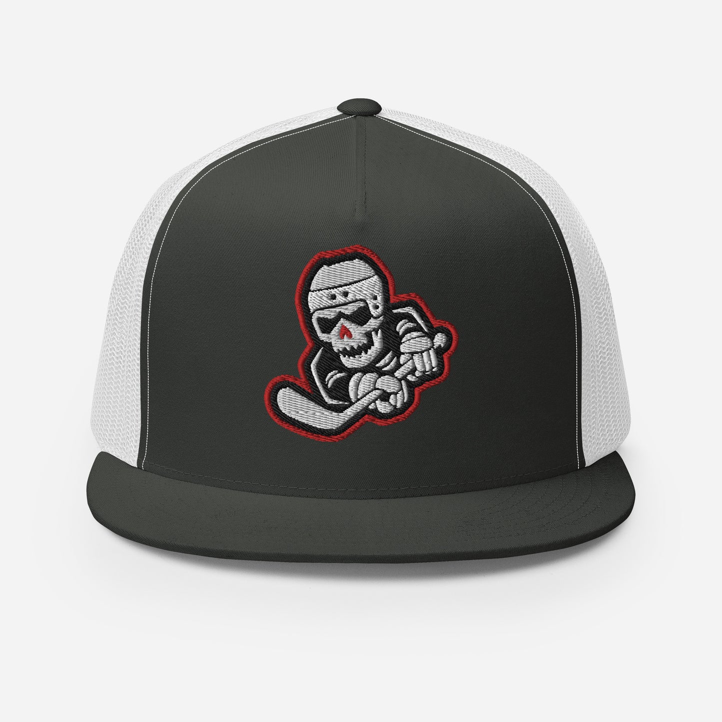 Skeleton Striker Trucker Cap in Red, Black, and White