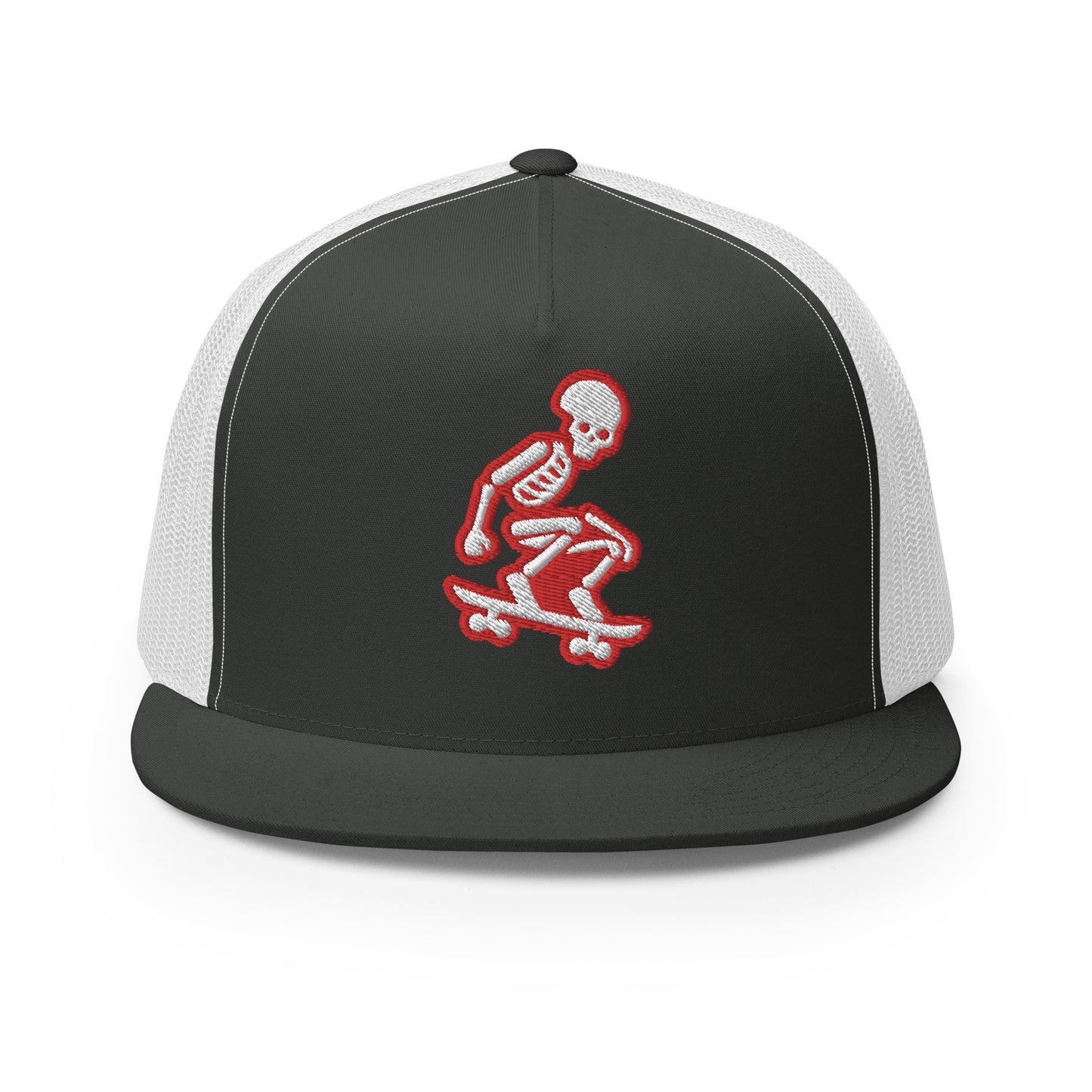 Skeleton Skater Trucker Cap in Red and White