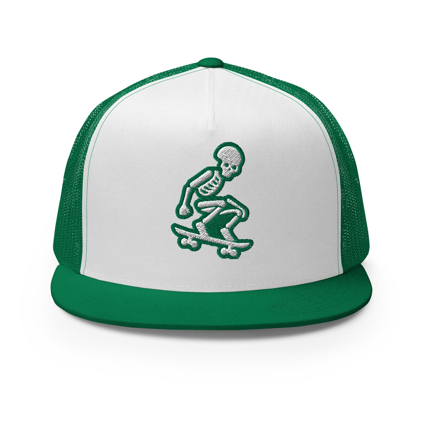 Skeleton Skater Trucker Cap in Kelly Green and White