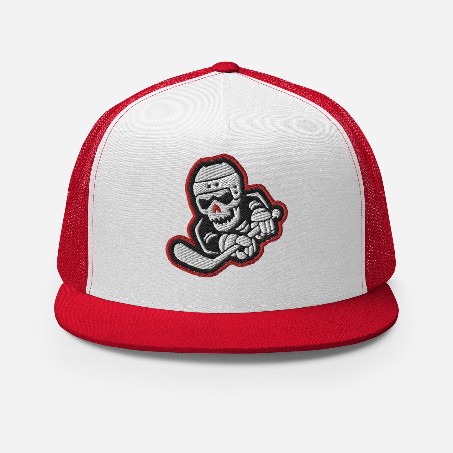 Skeleton Striker Trucker Cap in Red, Black, and White