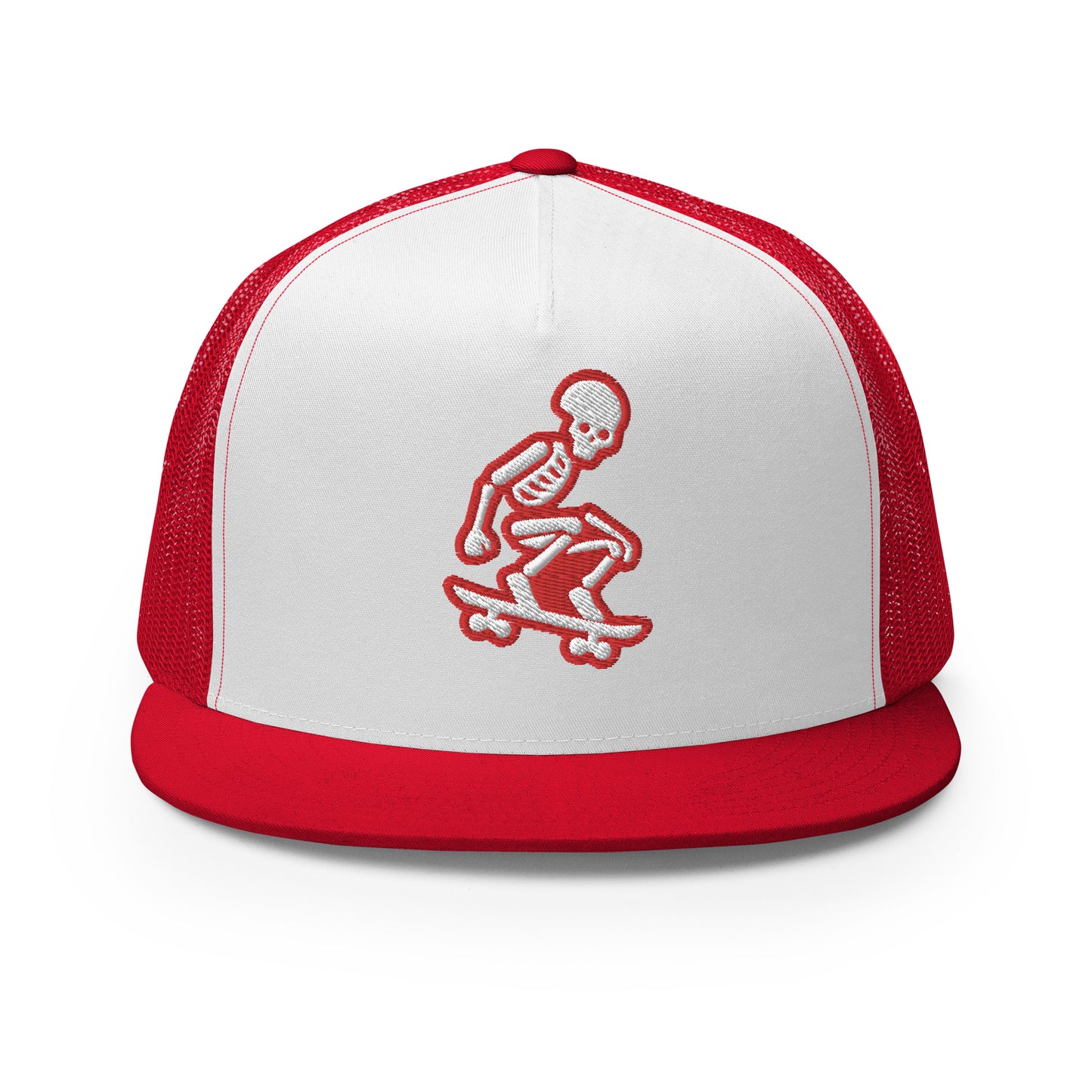 Skeleton Skater Trucker Cap in Red and White