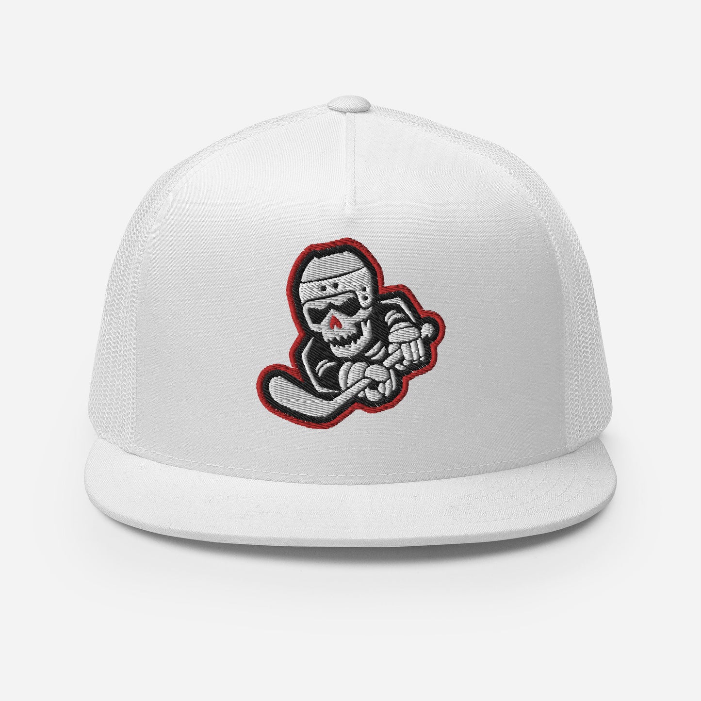 Skeleton Striker Trucker Cap in Red, Black, and White