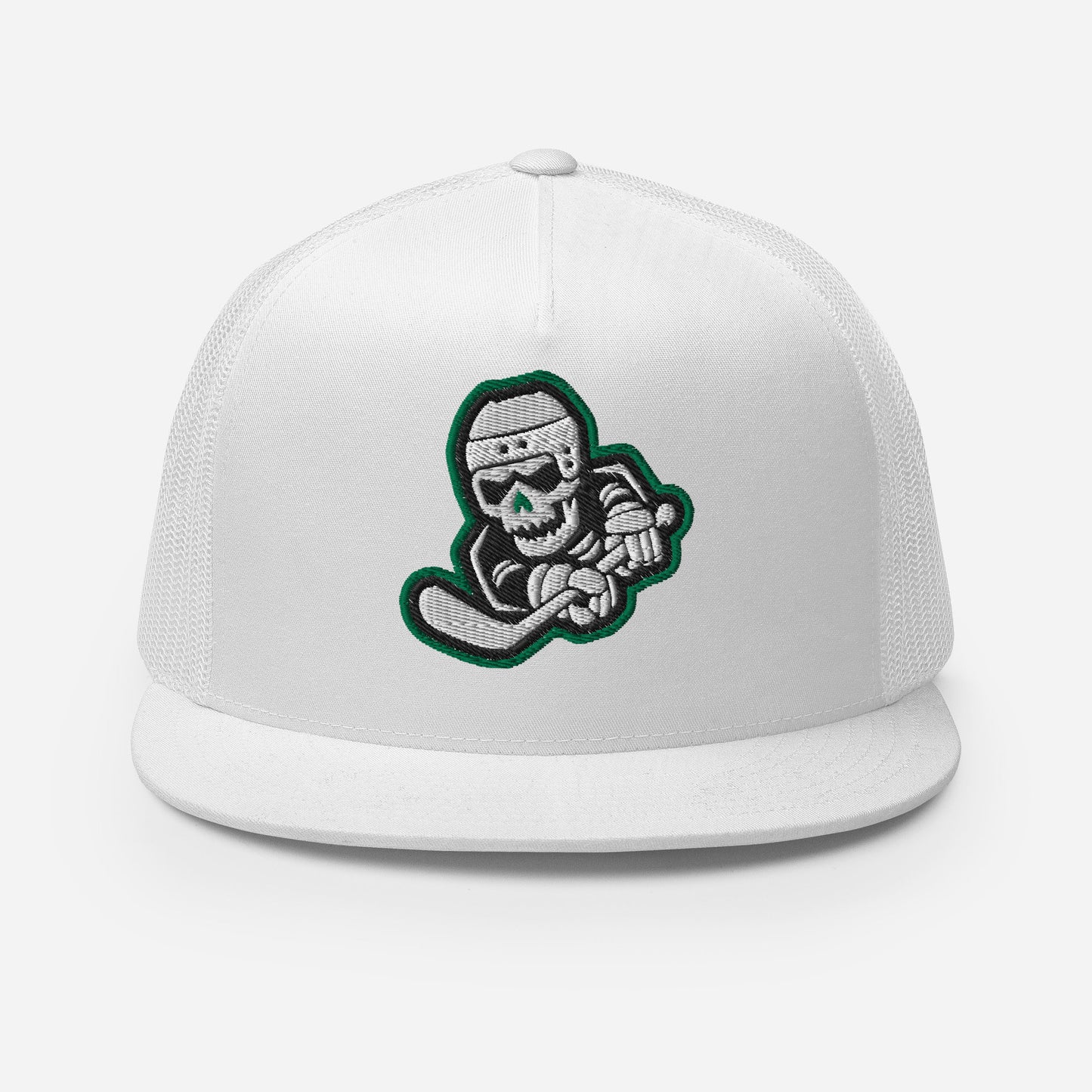 Skeleton Striker Trucker Cap in Kelly Green, Black, and White