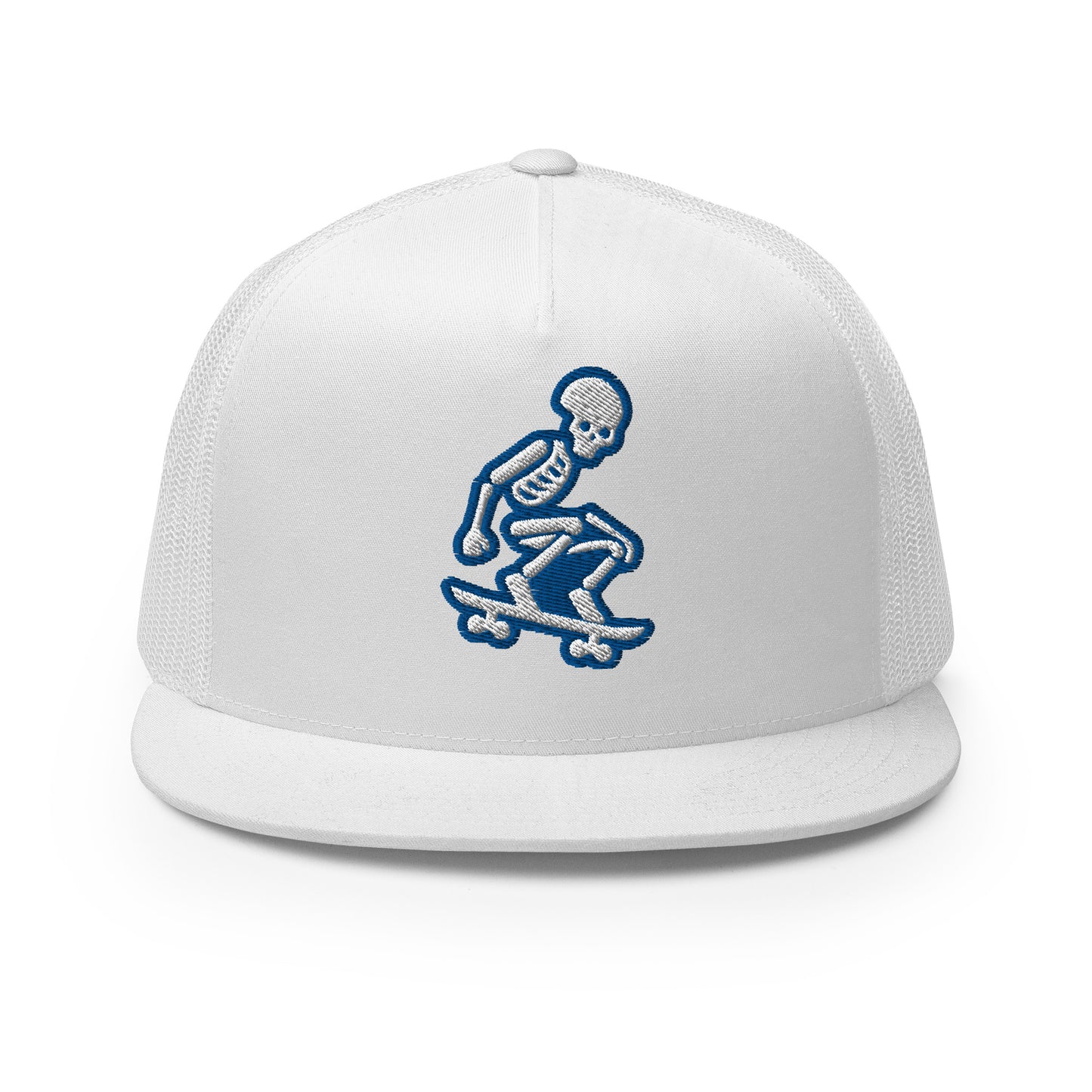 Skeleton Skater Trucker Cap in Royal Blue and White