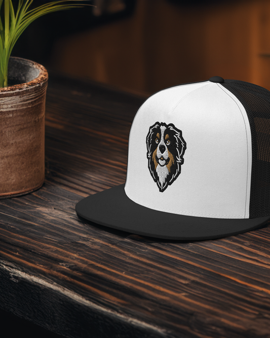 Bernese Mountain Dog Trucker Cap in Black, Gold, and White