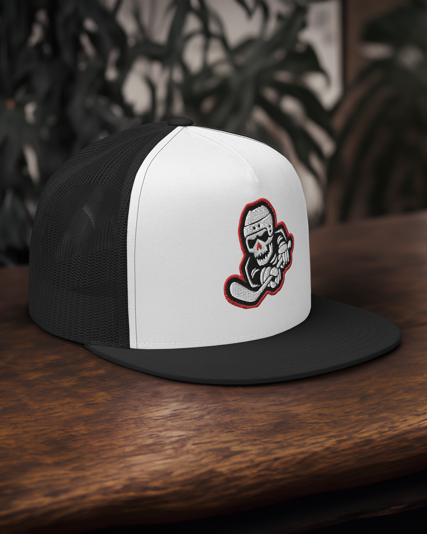 Skeleton Striker Trucker Cap in Red, Black, and White