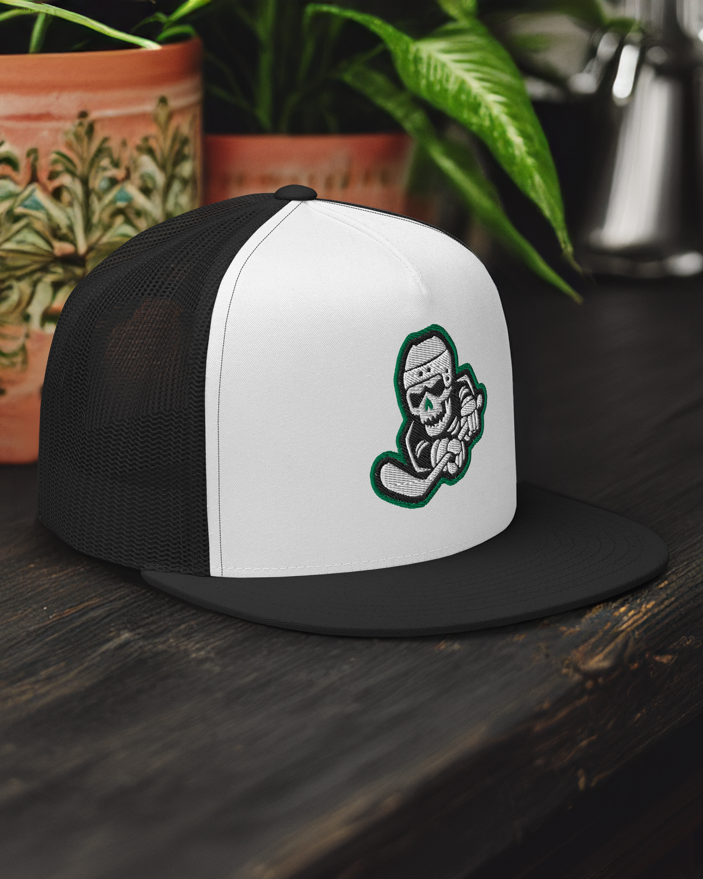 Skeleton Striker Trucker Cap in Kelly Green, Black, and White