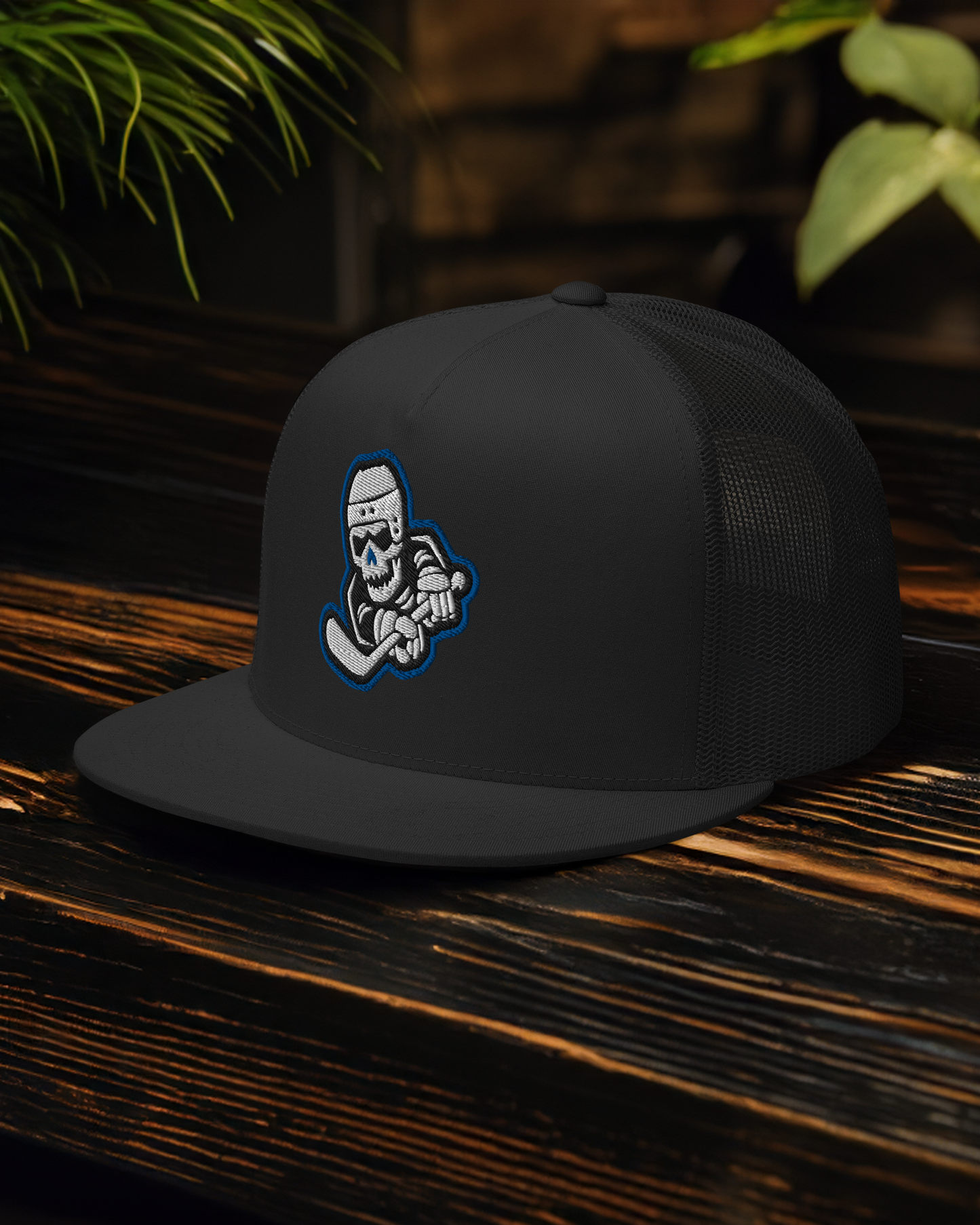 Skeleton Striker Trucker Cap in Royal Blue, Black, and White