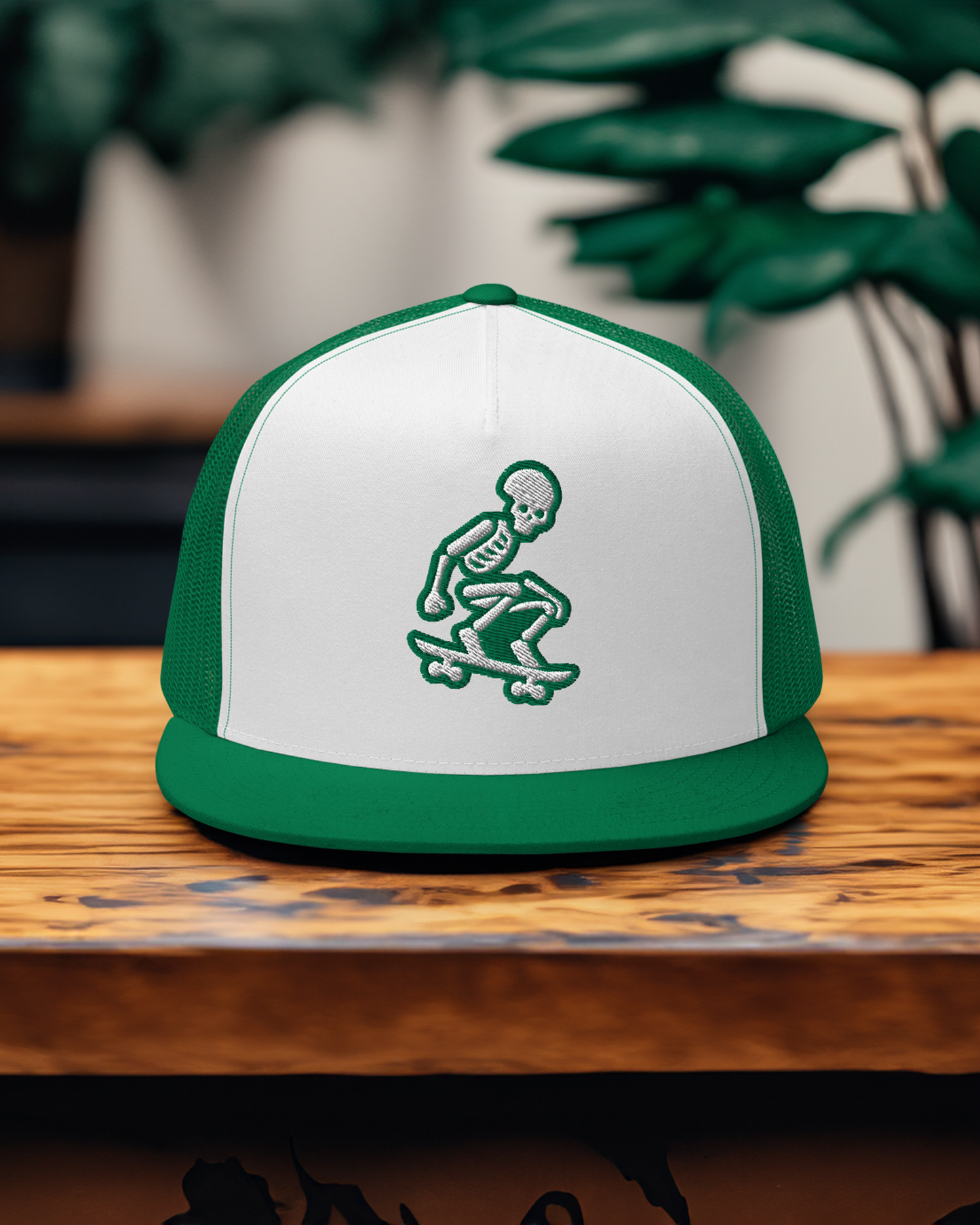 Skeleton Skater Trucker Cap in Kelly Green and White