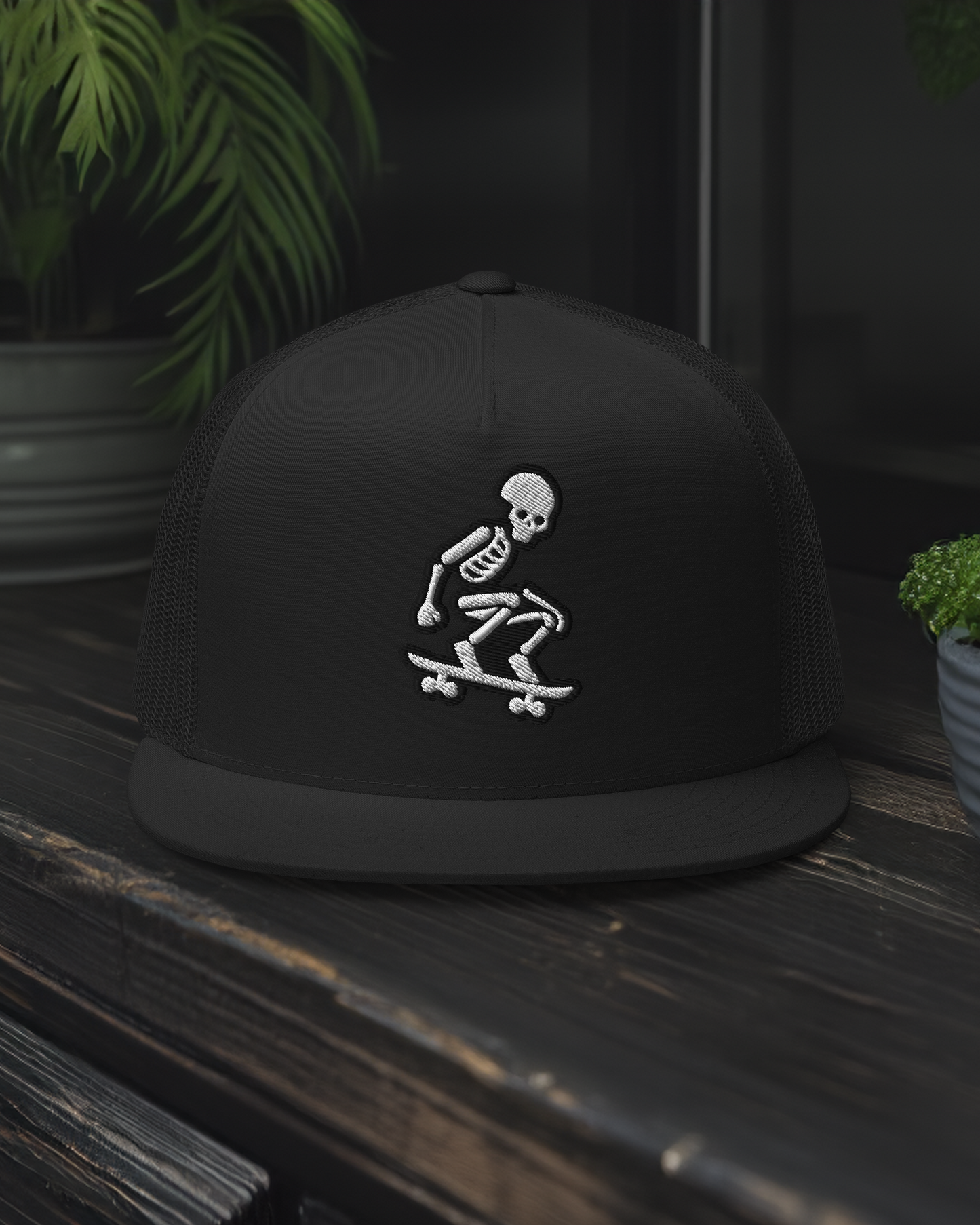 Skeleton Skater Trucker Cap in Black & White