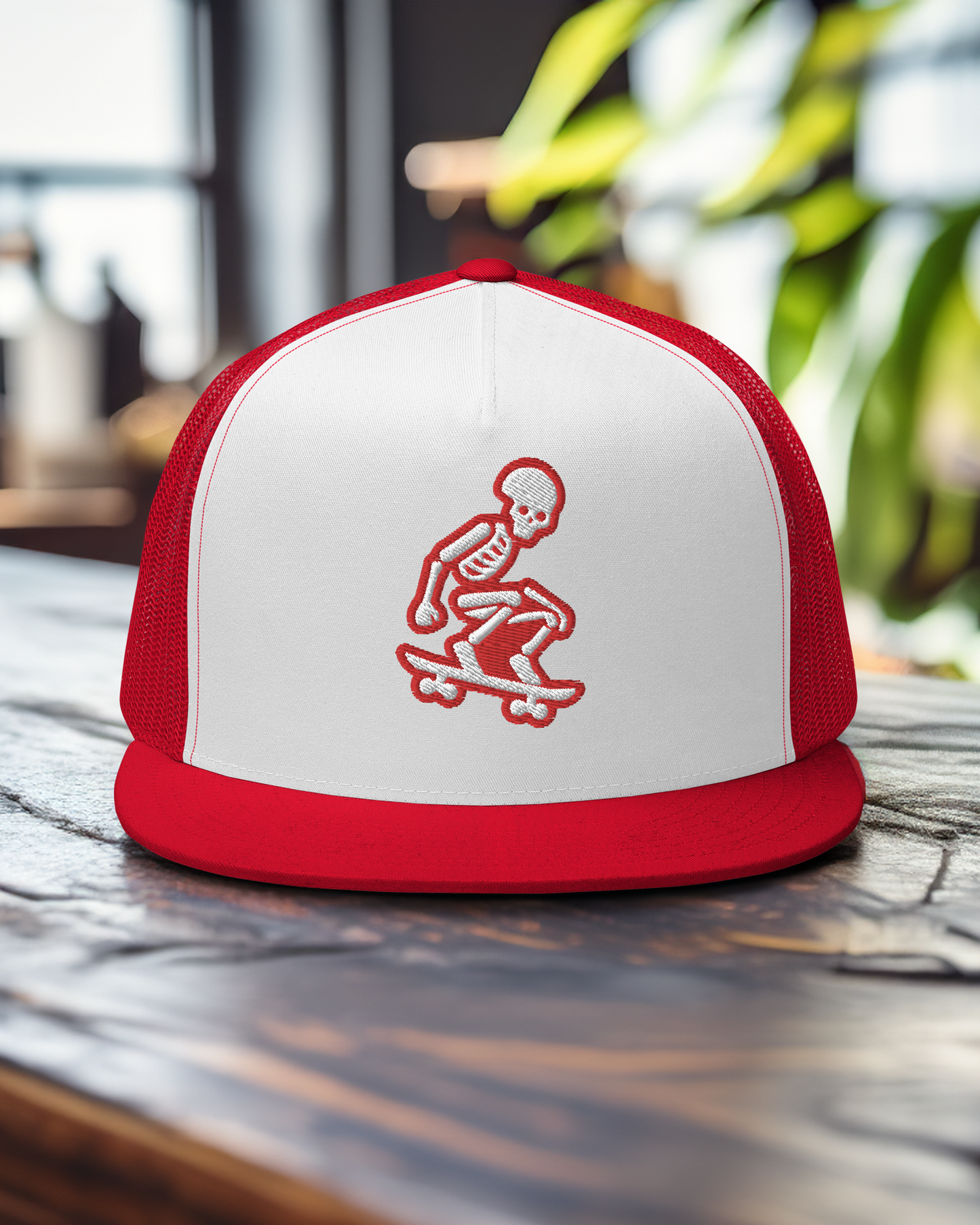 Skeleton Skater Trucker Cap in Red and White