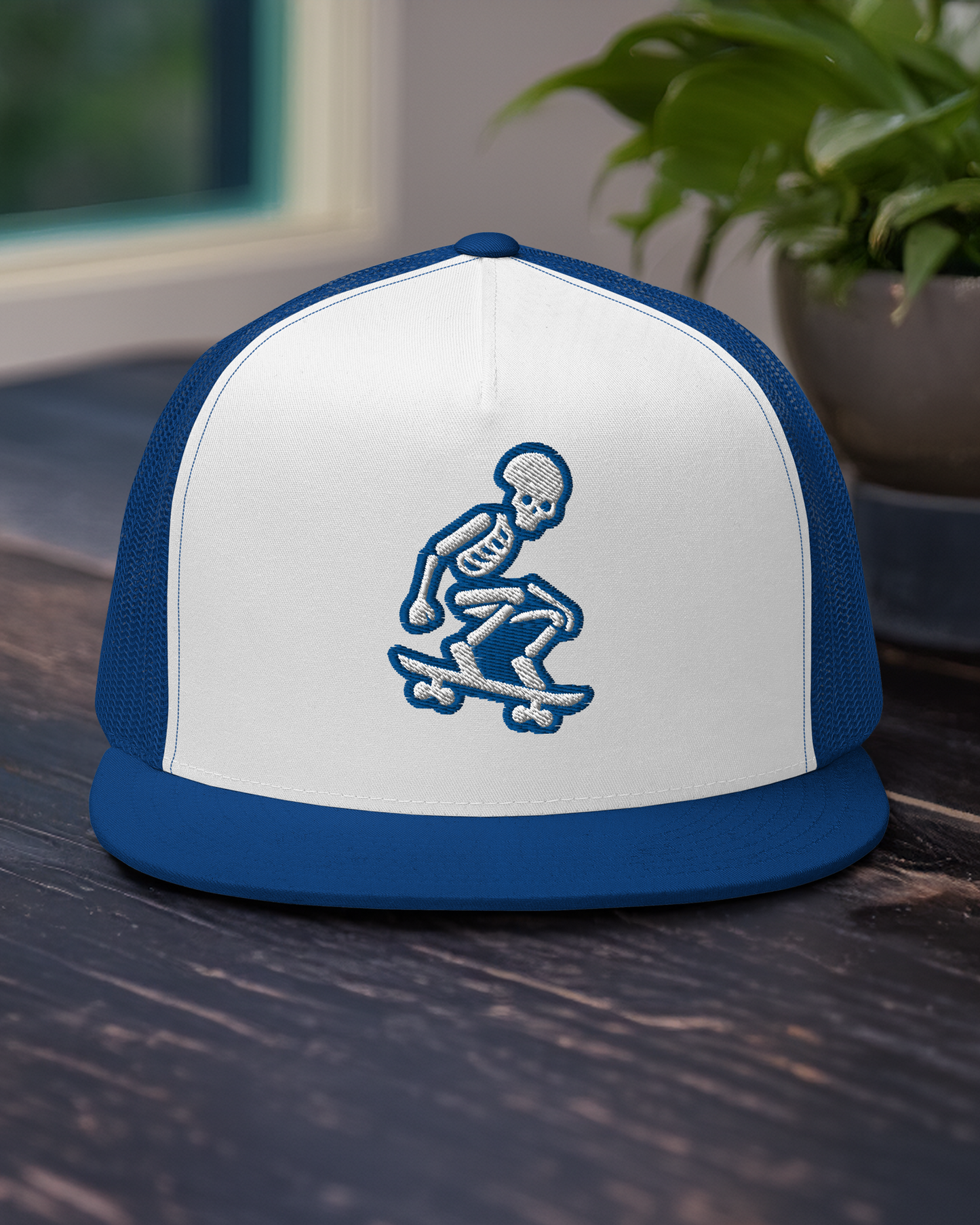 Skeleton Skater Trucker Cap in Royal Blue and White