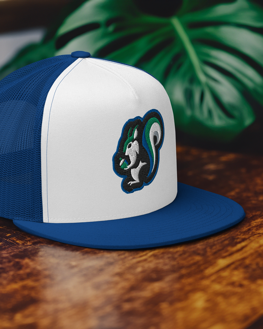 Raleigh Squirrel Trucker Cap in Blue, Black, Green, Gray, and White