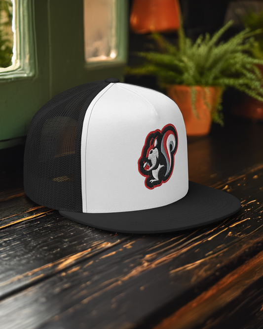 Raleigh Squirrel Trucker Cap in Red, White, Black, and Gray